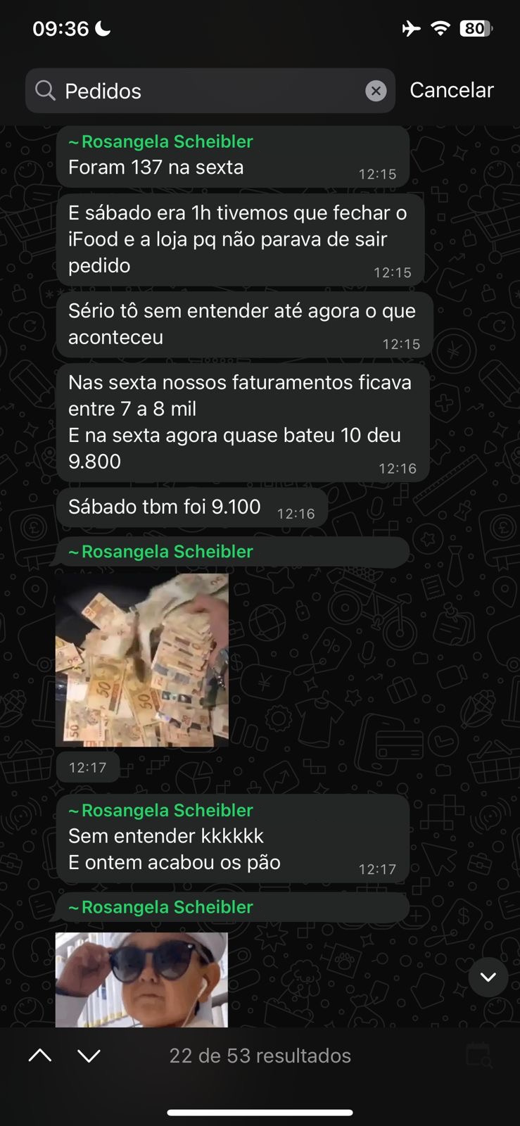 Print de conversa no WhatsApp mostrando faturamento subindo de 7-8 mil pra quase 10 mil